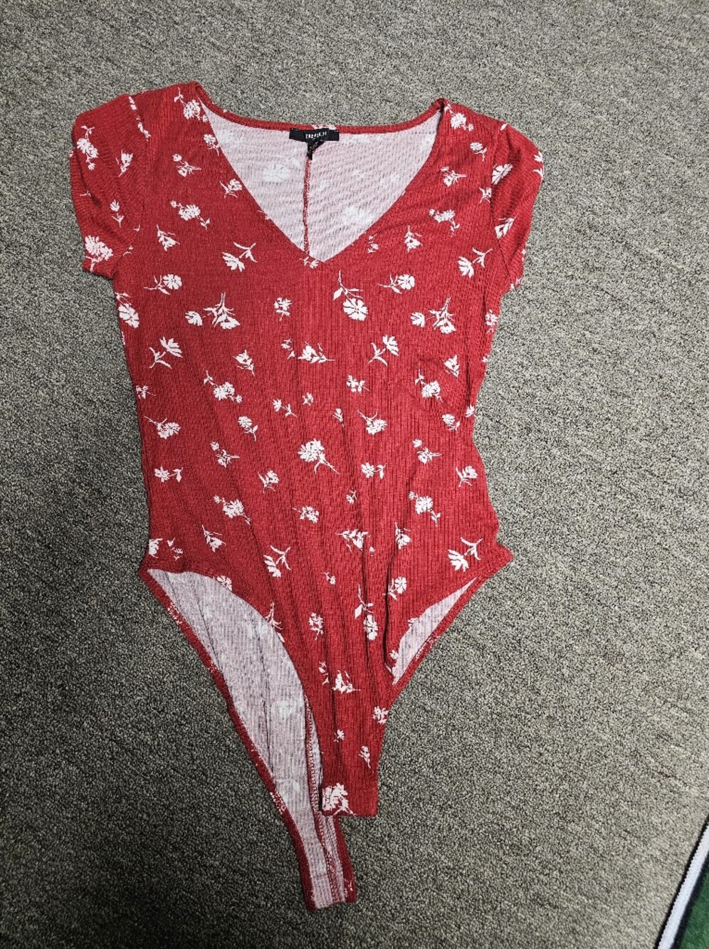 Forever 21 Red Floral V-Neck Ribbed Bodysuit